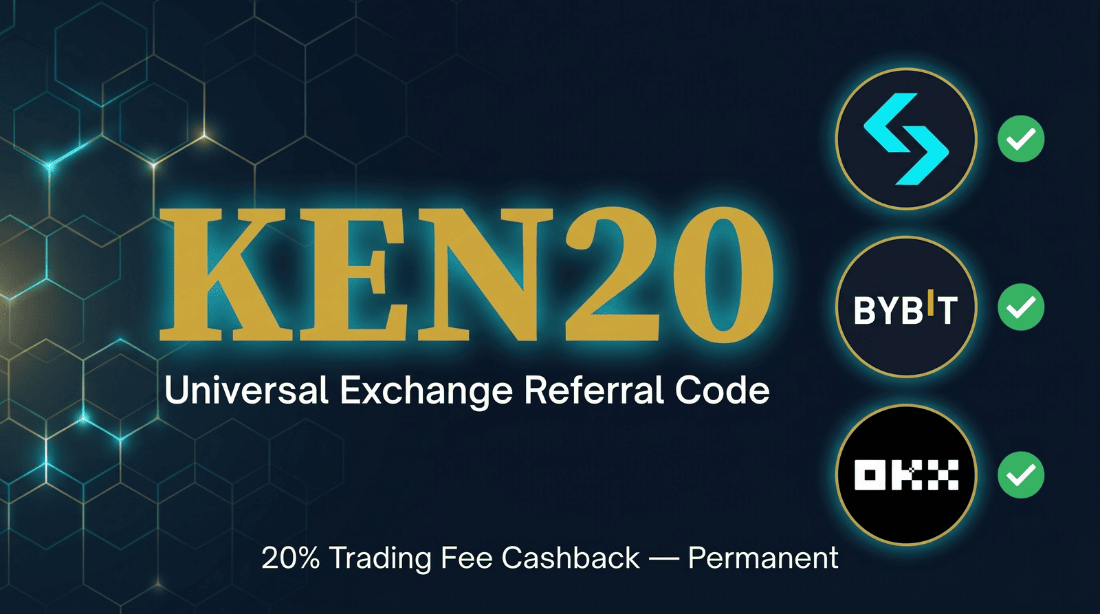 KEN20 universal referral code for OKX, Bitget, and Bybit — 20% trading fee cashback