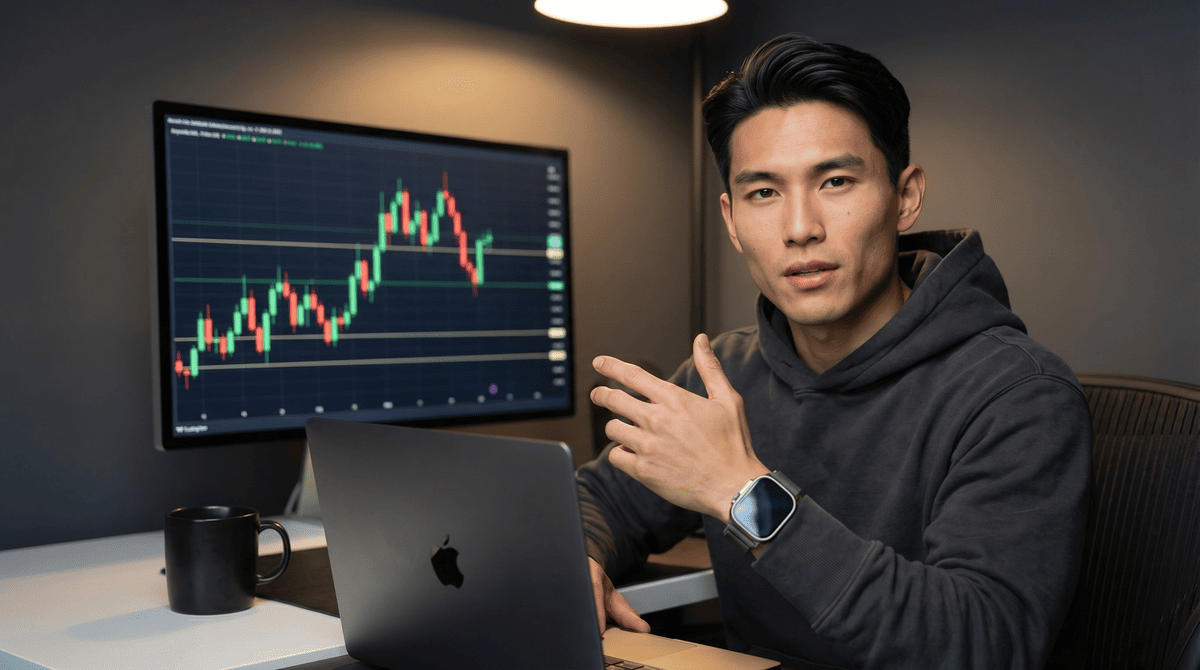 Ken explaining quantitative trading strategies on monitor with candlestick chart